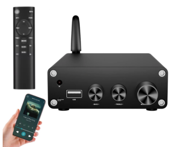 Two-channel amplifier Hi-Fi AUDIO 100Wx2 based on TPA3116D2 support Bluetooth USB and remote control Color Black