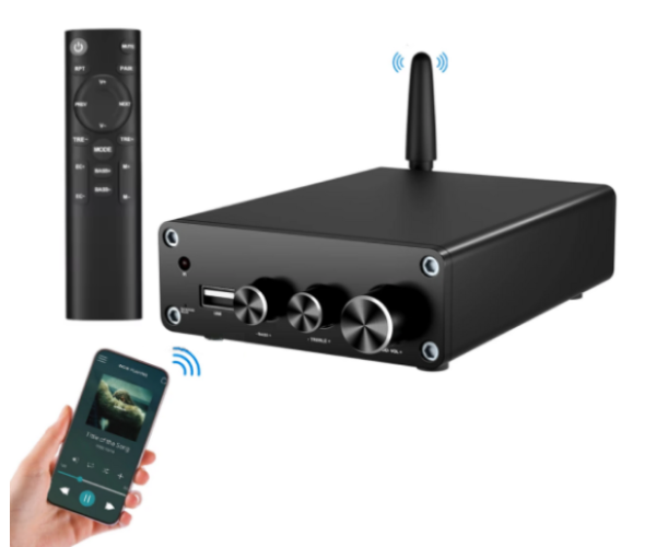Two-channel amplifier Hi-Fi AUDIO 100Wx2 based on TPA3116D2 support Bluetooth USB and remote control Color Black