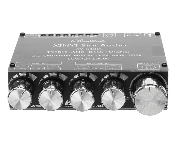 Sinilink XY-S100L – 2.1 channel 2x50 plus 100 watt subwoofer output Class D Audio Amplifier - support Bluetooth AUX and USB Color Black