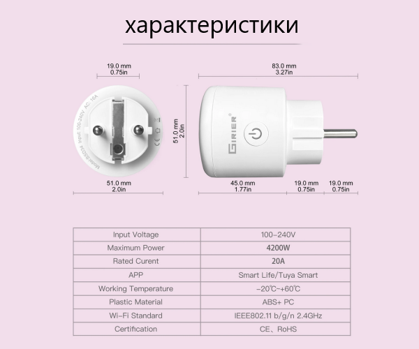 GIRIER 4200W Tuya Smart Wi-Fi Socket 20 Amp