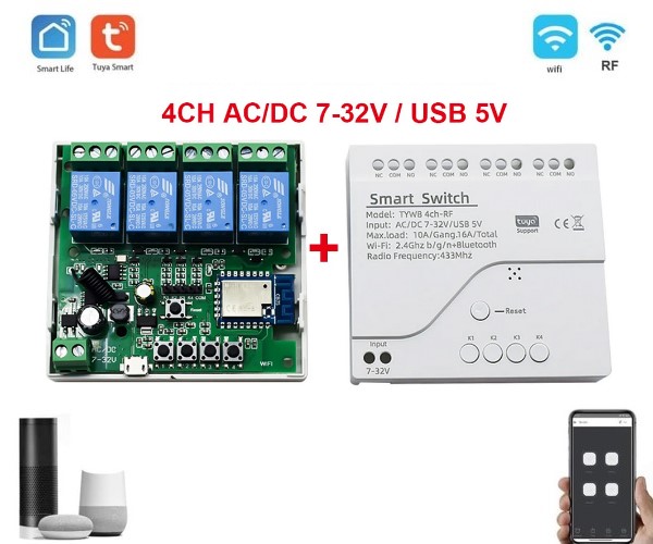 Умное 4CH/4х канальное Wi-Fi реле DC/AC 7-32В RF433 Tuya Smart - Цвет Белый