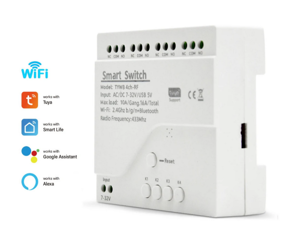 Умное 4CH/4х канальное Wi-Fi реле DC/AC 7-32В RF433 Tuya Smart - Цвет Белый