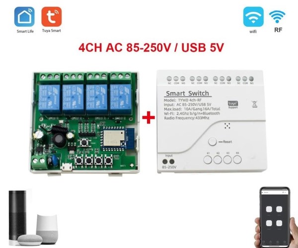 Умное 4CH/4х канальное Wi-Fi реле AC 85-250В RF433 Tuya Smart - Цвет Белый