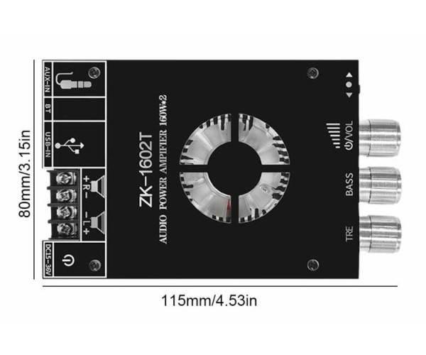 Підсилювач звуку двоканальний ZK-1602T Hi-Fi 160x2 Вт на базі TDA7498E - підтримка Bluetooth AUX USB Колір Чорний