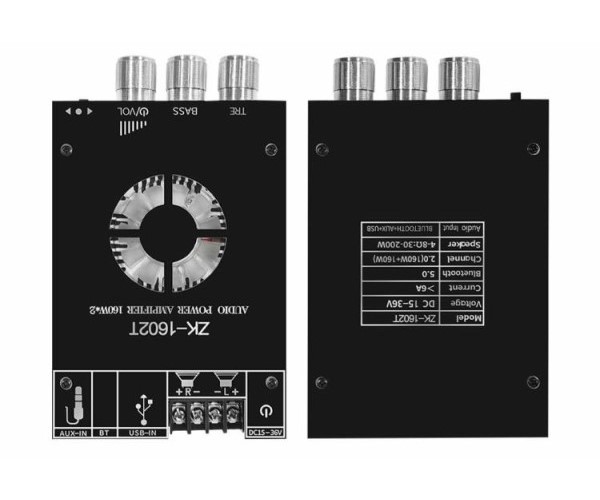 Підсилювач звуку двоканальний ZK-1602T Hi-Fi 160x2 Вт на базі TDA7498E - підтримка Bluetooth AUX USB Колір Чорний