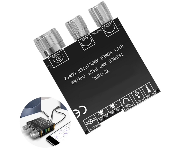 T50L – dual-channel 2x50 Watt Class D Audio Amplifier - support Bluetooth AUX and USB Color Black